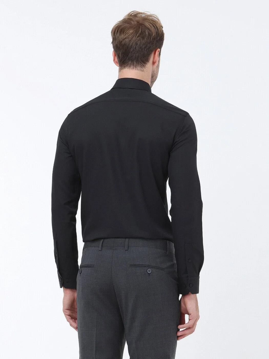 Black Plain Slim Fit Weaving Classical Cotton Blended Shirt - 4
