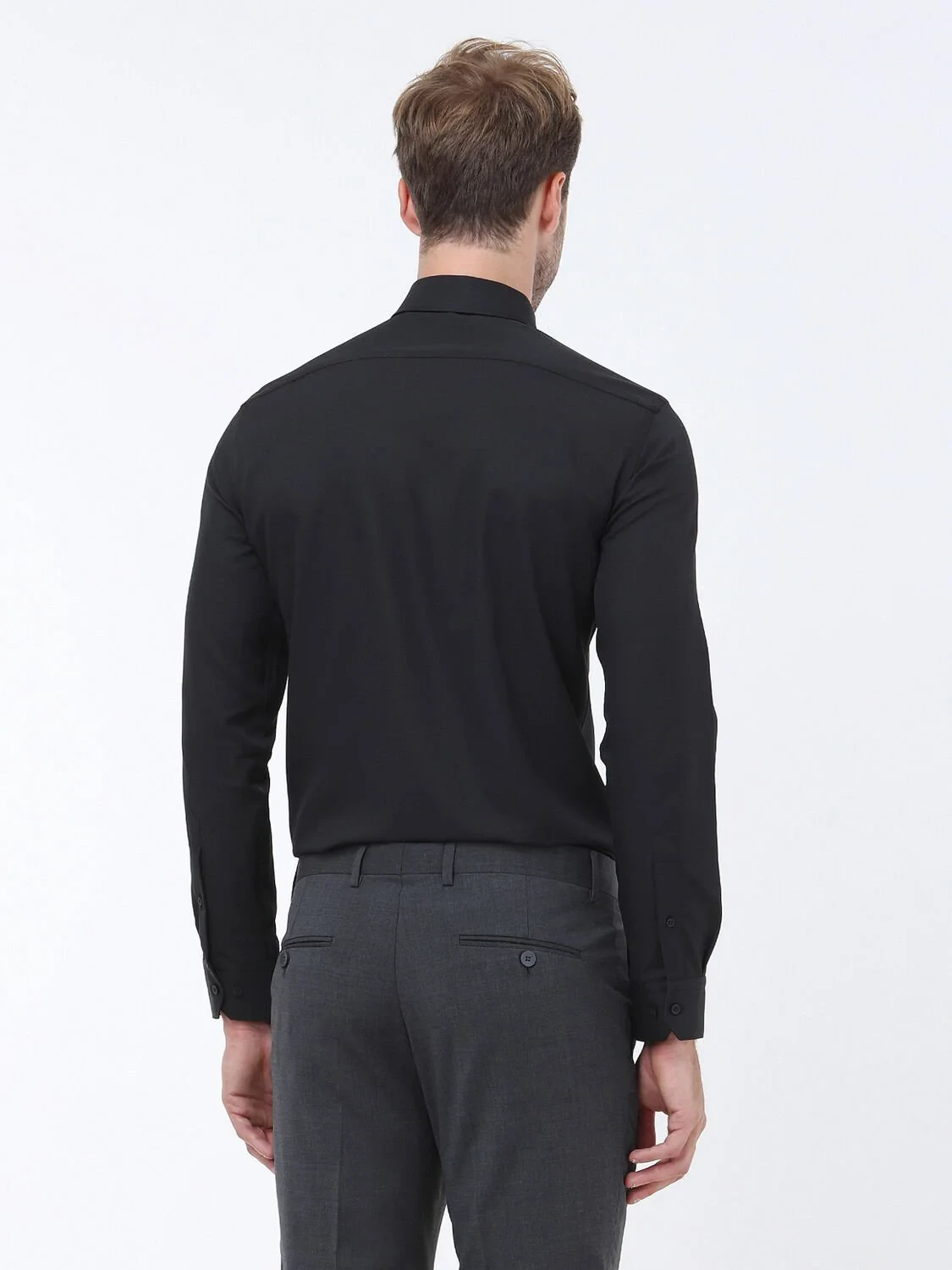 Black Plain Slim Fit Weaving Classical Cotton Blended Shirt - 4