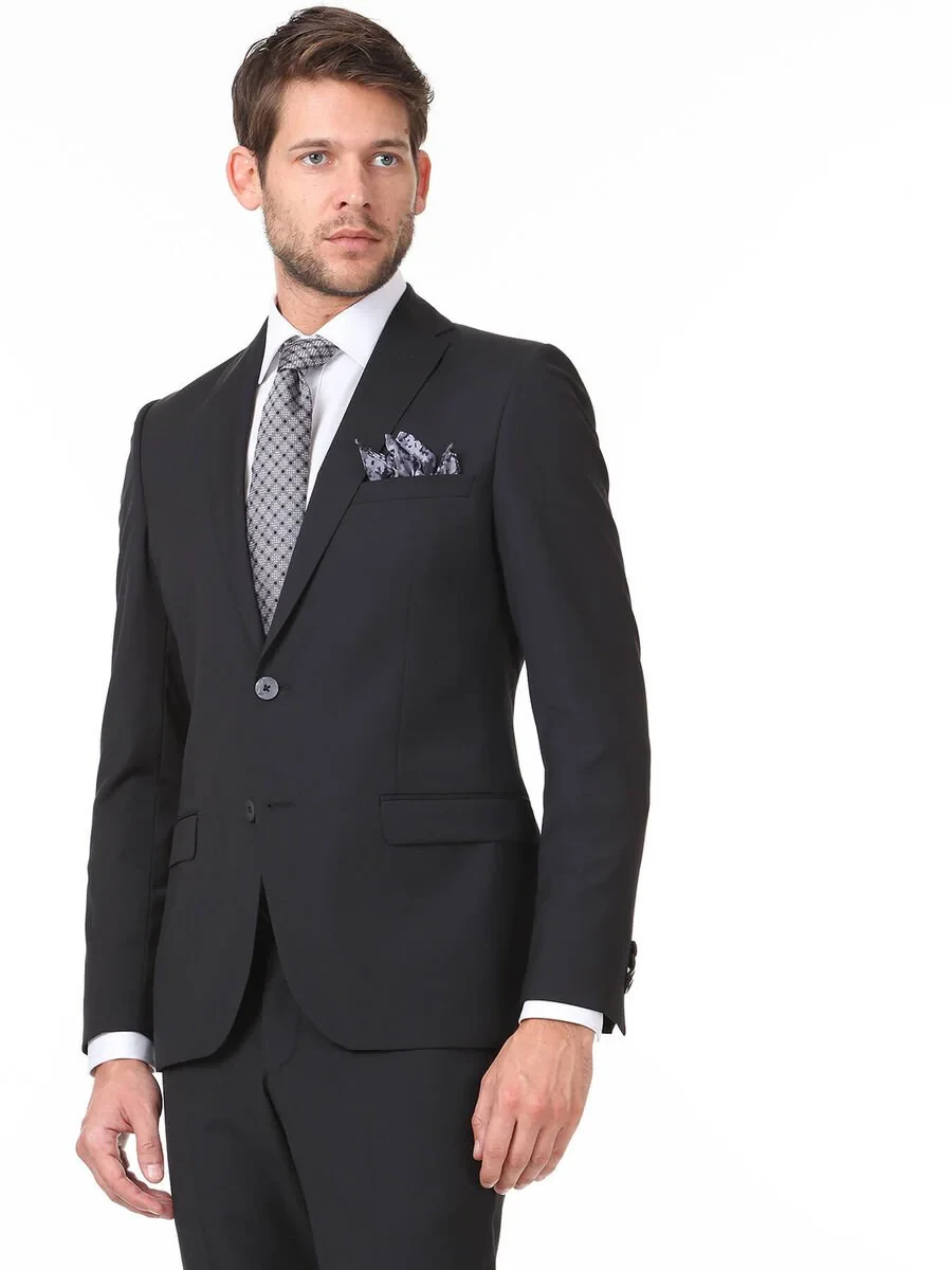 Black Plain Slim Fit Wool Blended Suit - 1