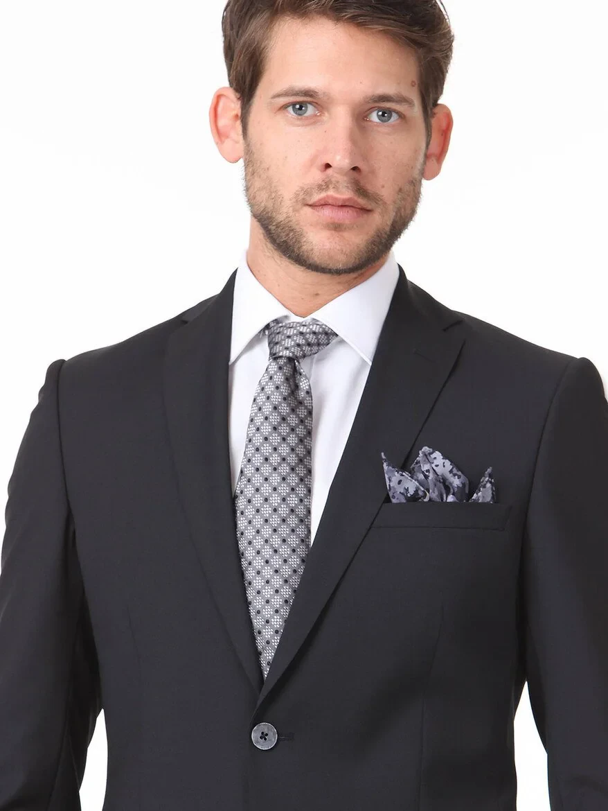 Black Plain Slim Fit Wool Blended Suit - 2