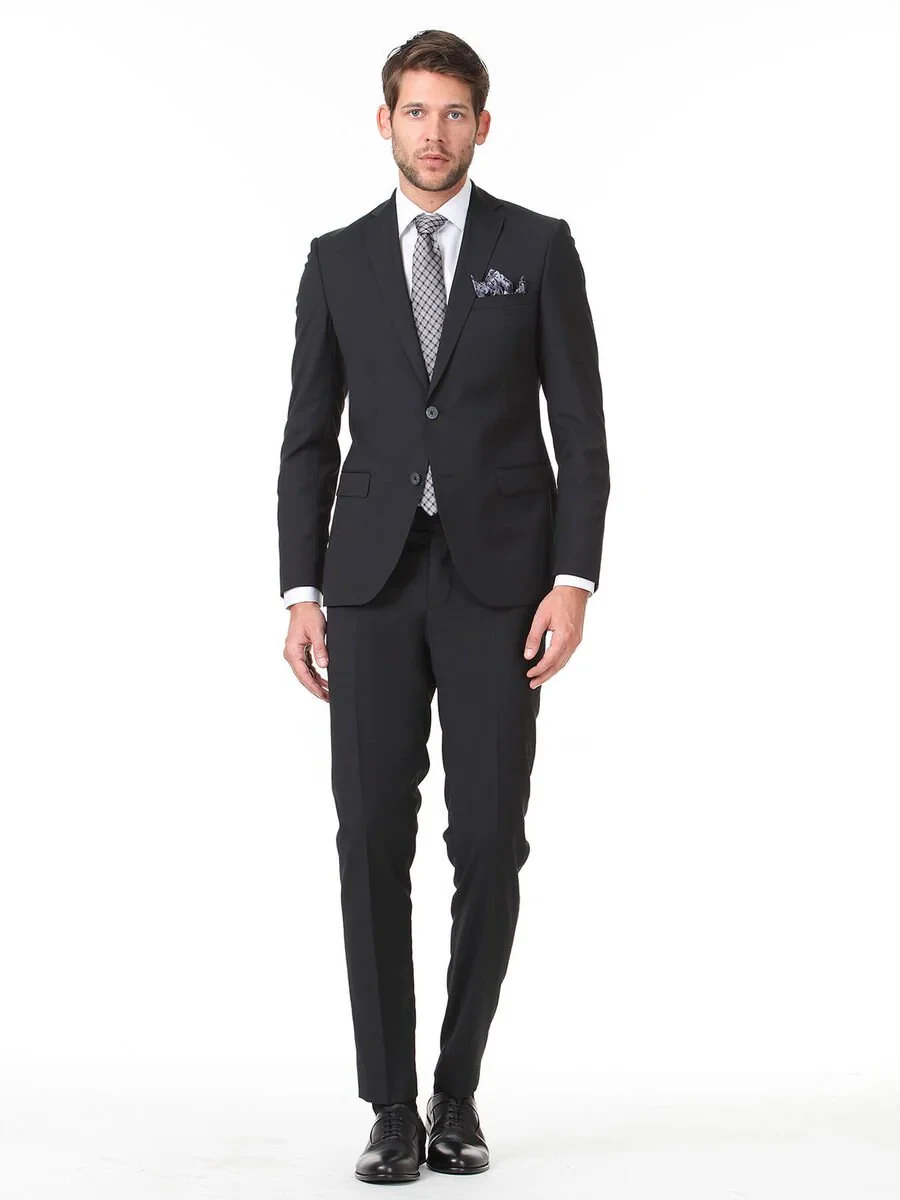 Black Plain Slim Fit Wool Blended Suit - 3