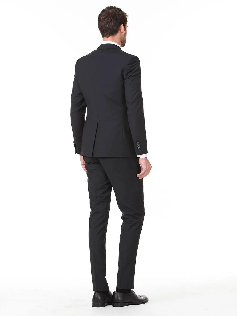 Black Plain Slim Fit Wool Blended Suit - 4