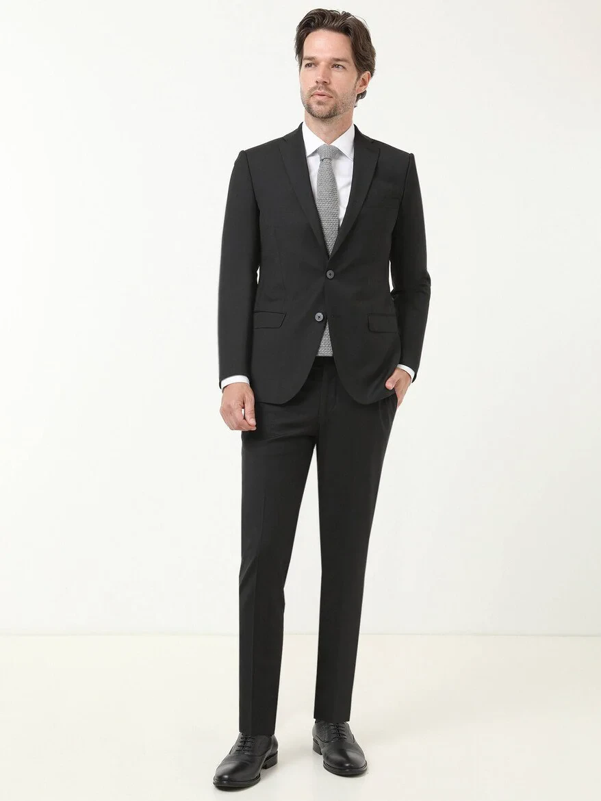 Black Plain Slim Fit Wool Blended Suit - 2