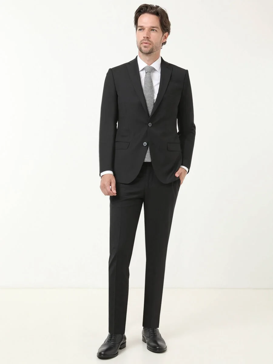 Black Plain Slim Fit Wool Blended Suit - 2