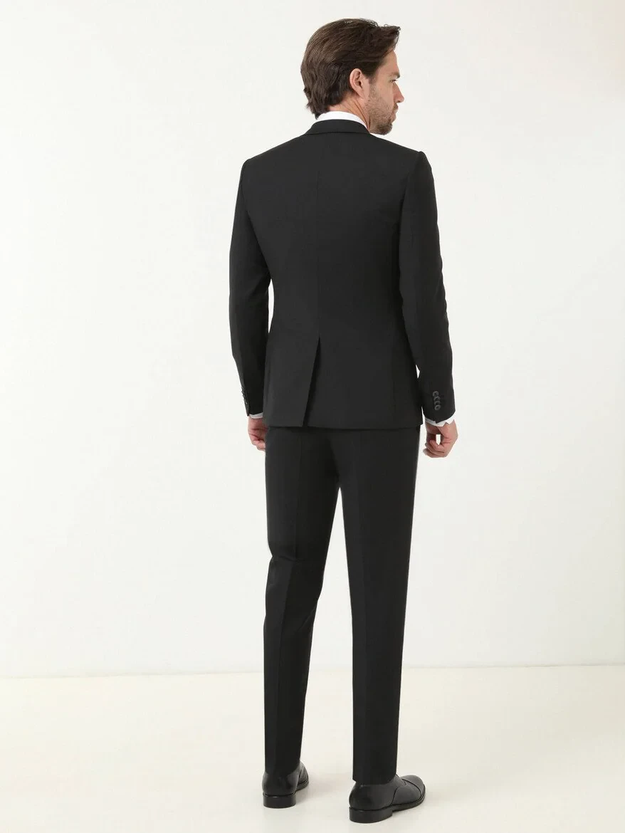 Black Plain Slim Fit Wool Blended Suit - 4
