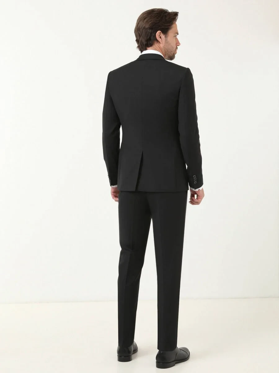 Black Plain Slim Fit Wool Blended Suit - 4