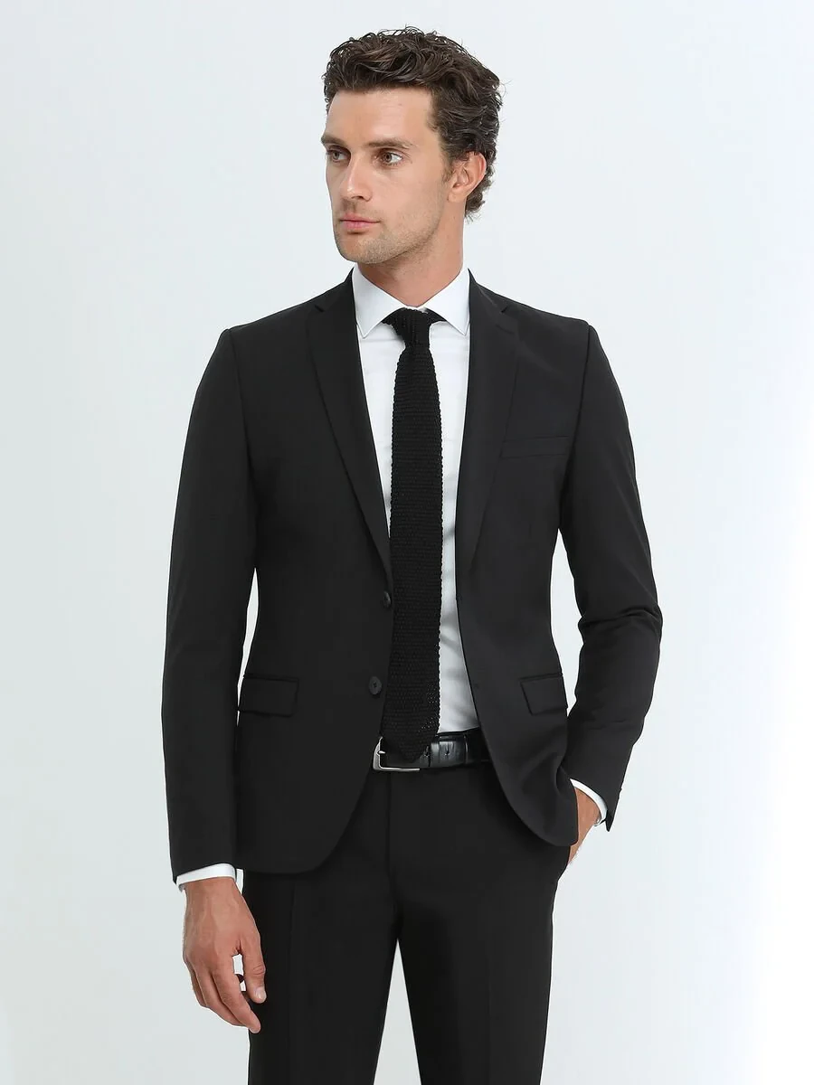Black Plain Slim Fit Wool Blended Suit - 1
