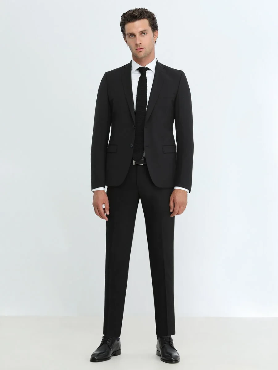 Black Plain Slim Fit Wool Blended Suit - 2