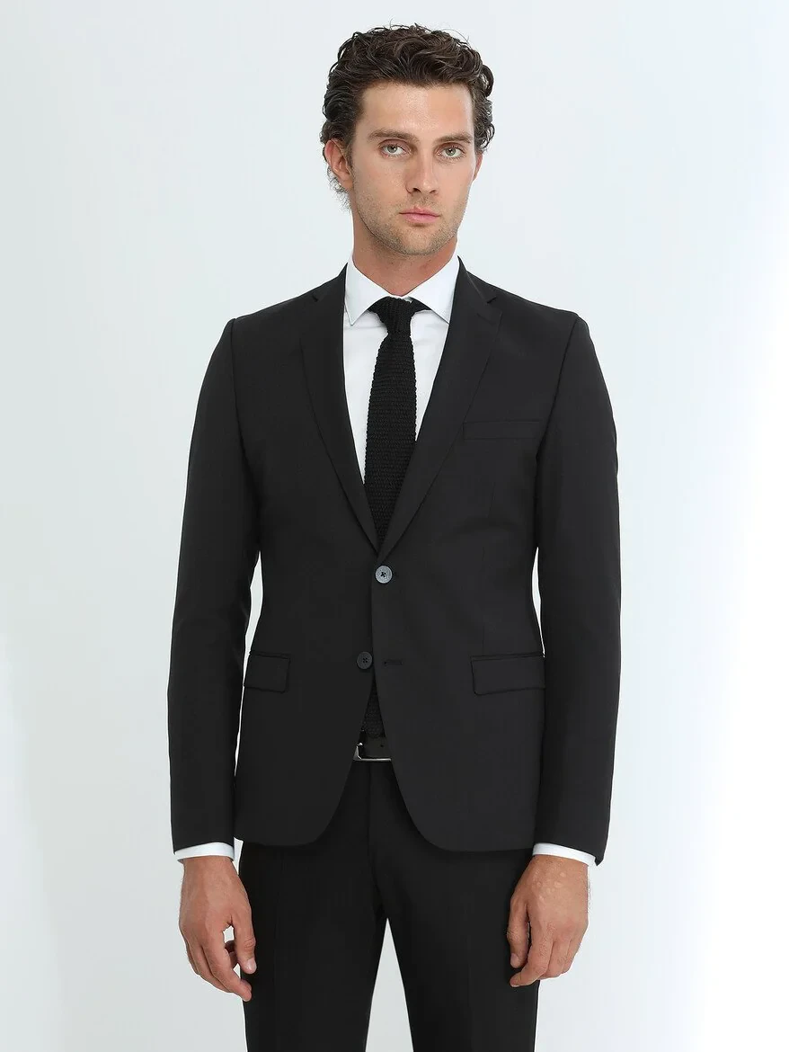 Black Plain Slim Fit Wool Blended Suit - 4