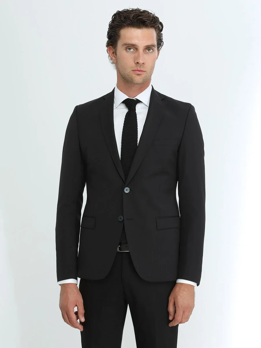 Black Plain Slim Fit Wool Blended Suit - 4