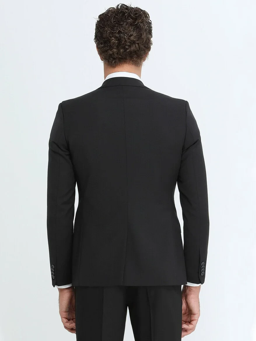 Black Plain Slim Fit Wool Blended Suit - 5