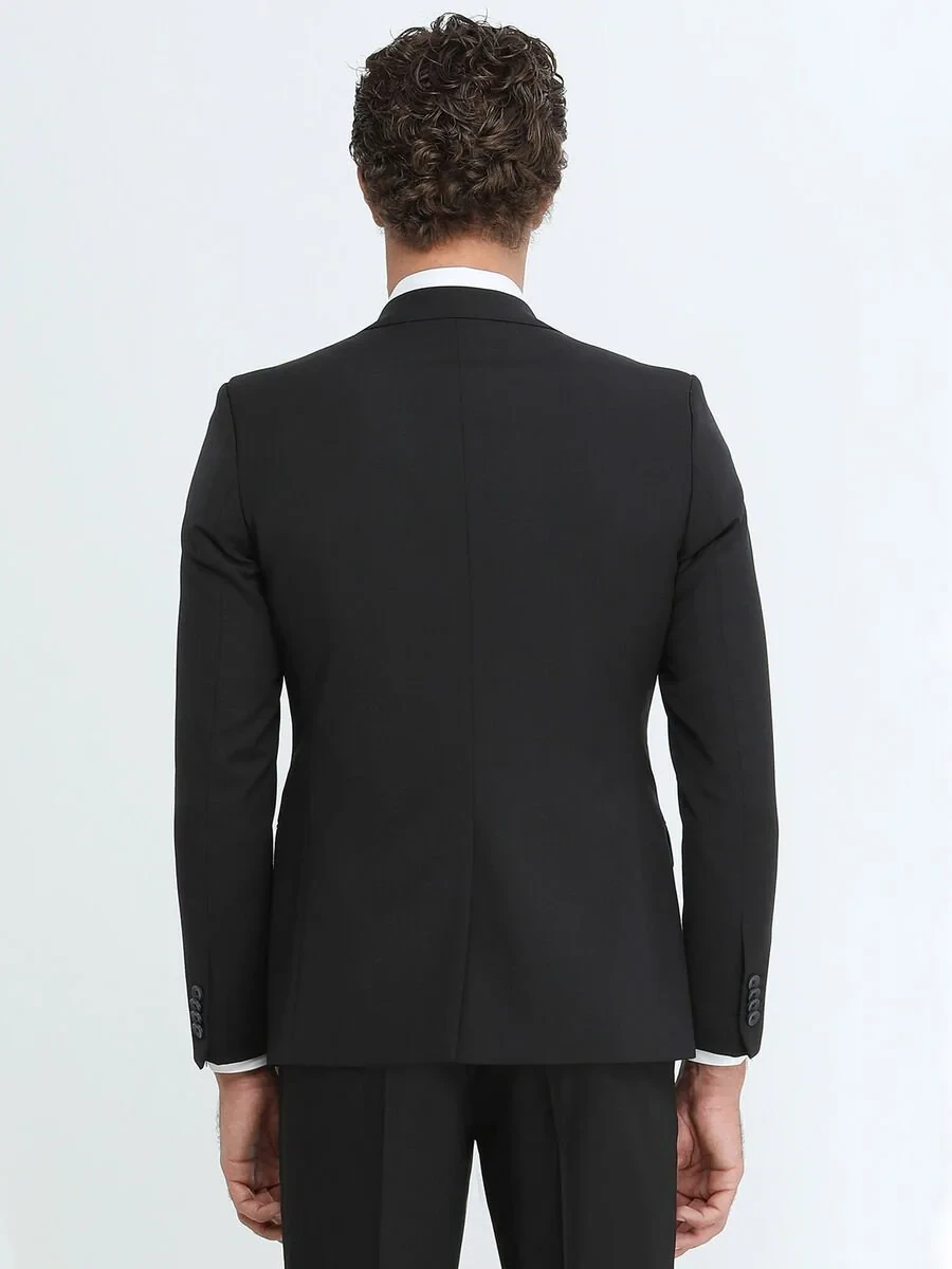 Black Plain Slim Fit Wool Blended Suit - 5