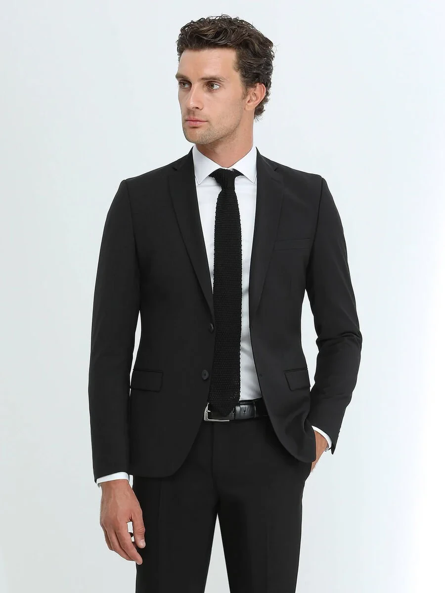 Black Plain Slim Fit Wool Blended Suit - 1