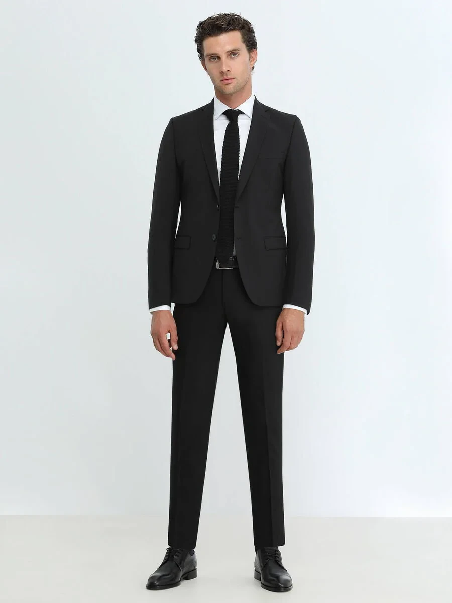 Black Plain Slim Fit Wool Blended Suit - 2