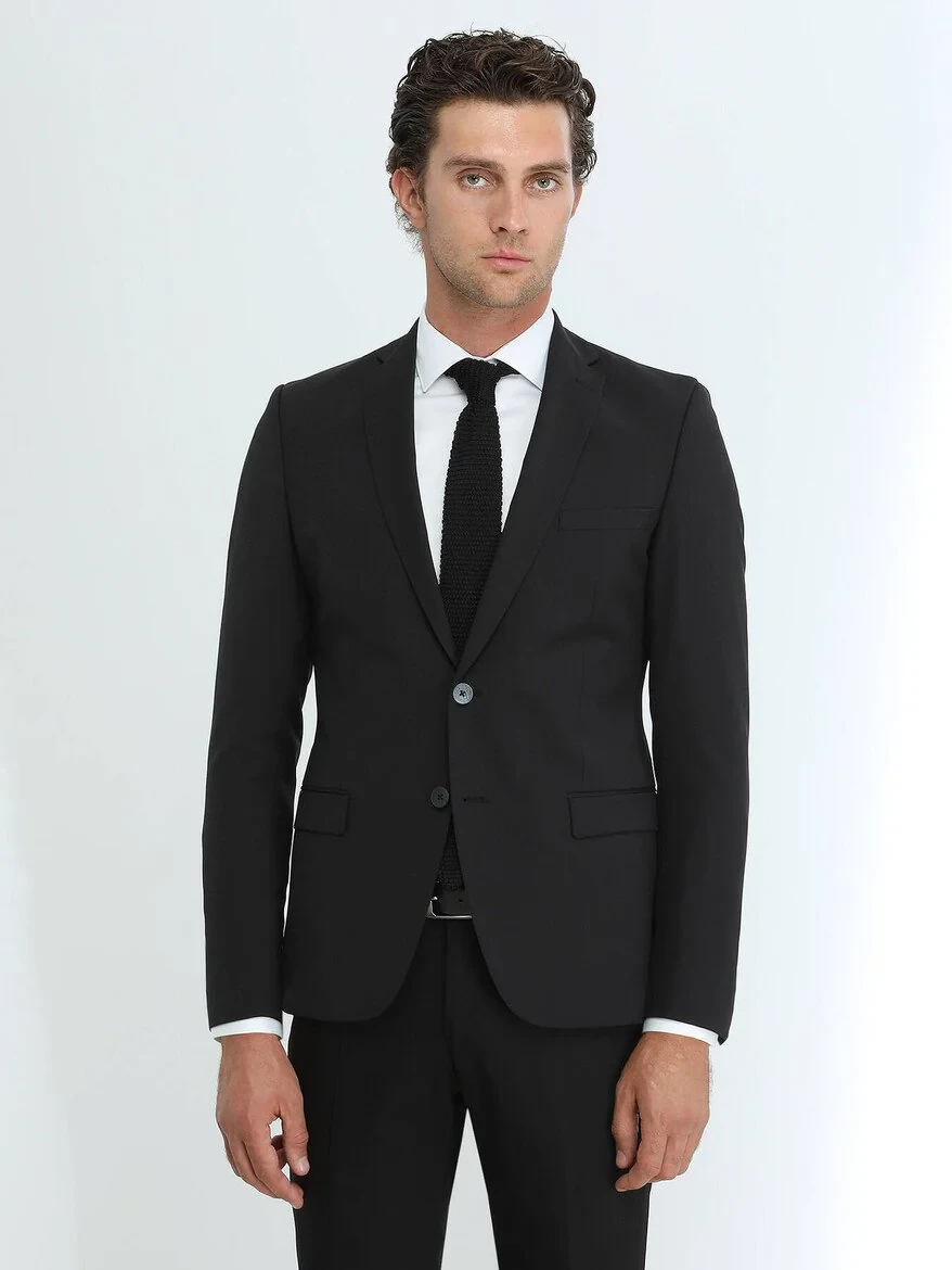 Black Plain Slim Fit Wool Blended Suit - 4