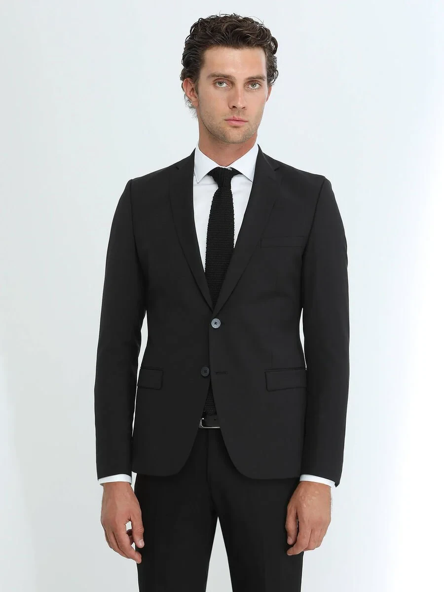 Black Plain Slim Fit Wool Blended Suit - 4