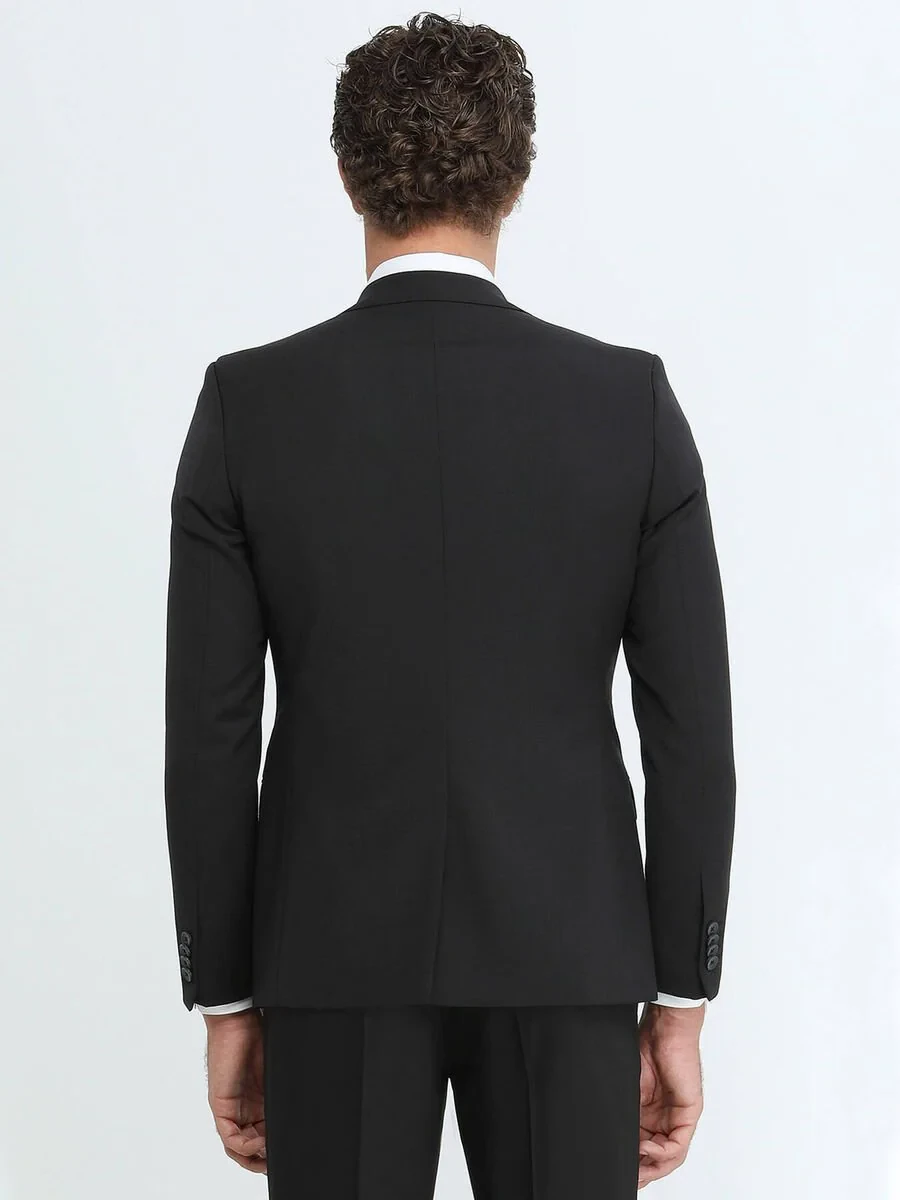 Black Plain Slim Fit Wool Blended Suit - 5