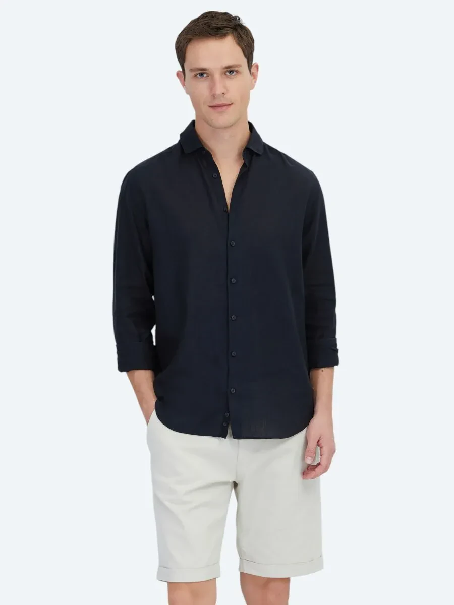 Black Plain Weaving Casual Cotton Blended Shirt - 1