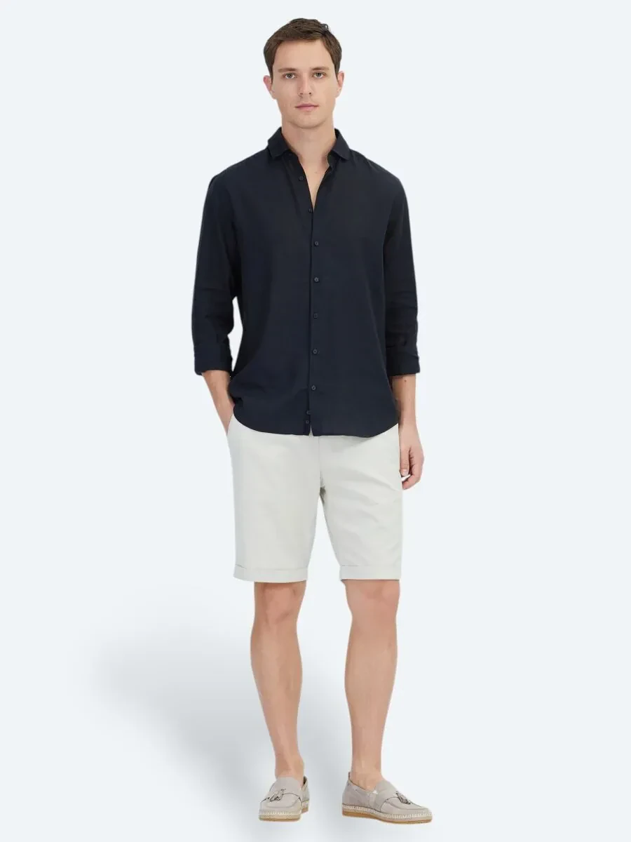 Black Plain Weaving Casual Cotton Blended Shirt - 2