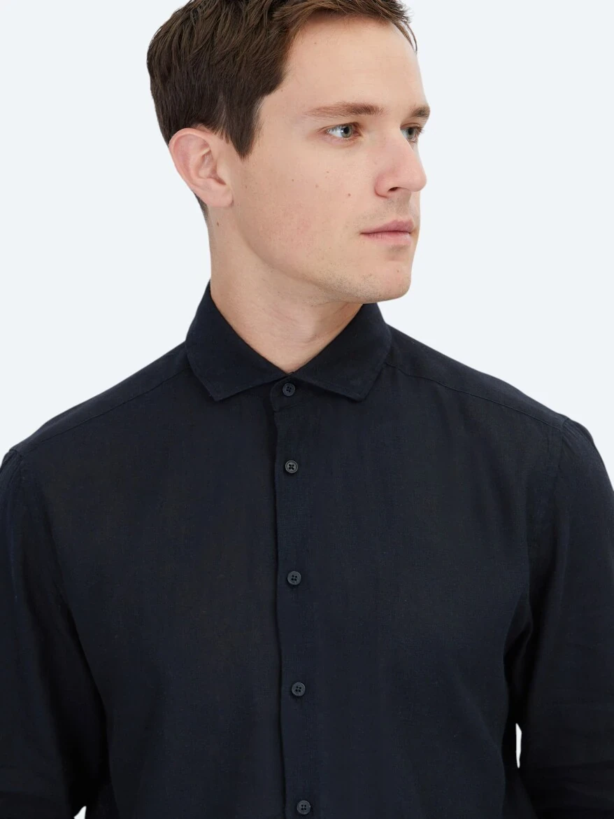 Black Plain Weaving Casual Cotton Blended Shirt - 3