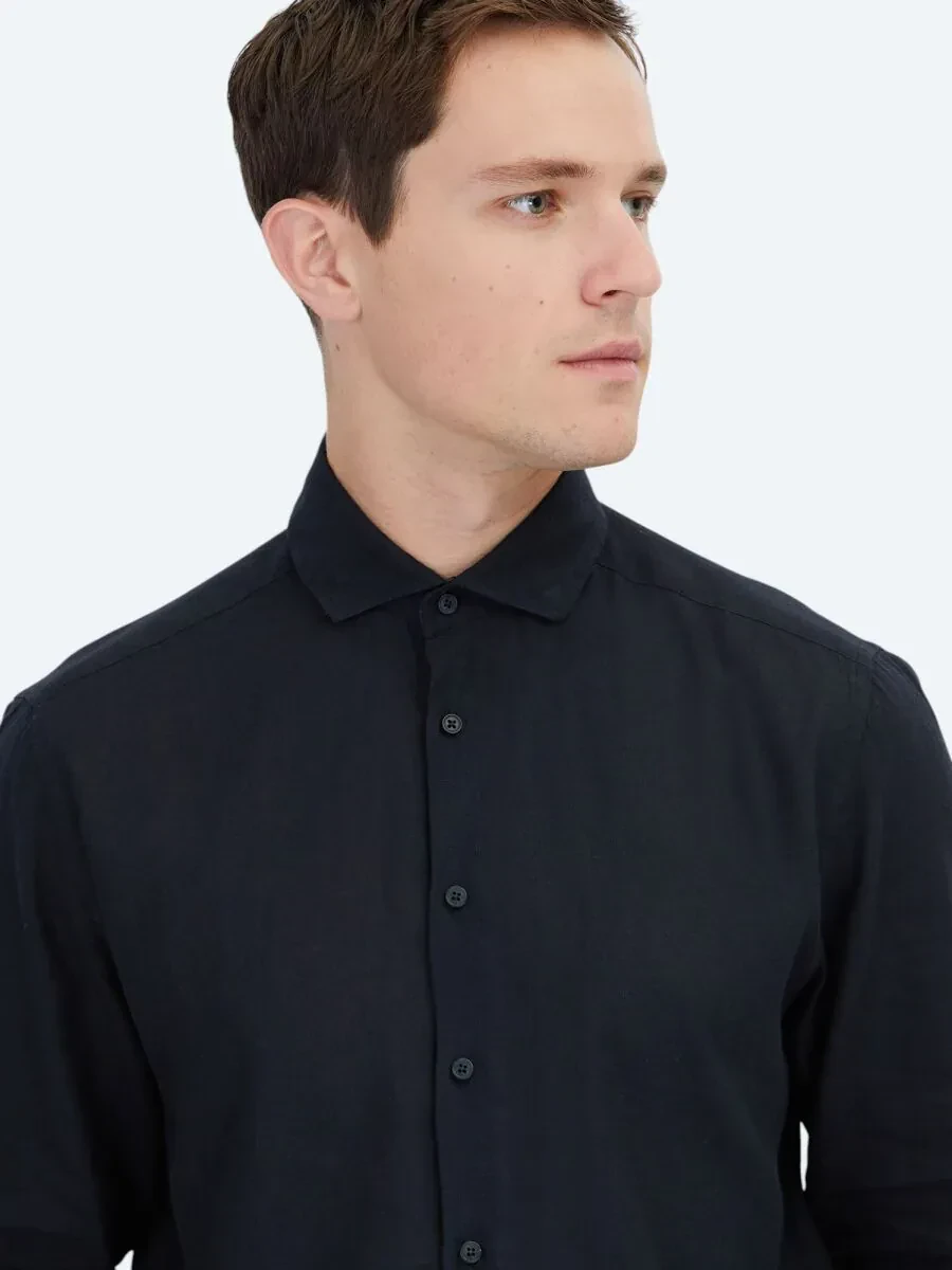 Black Plain Weaving Casual Cotton Blended Shirt - 3