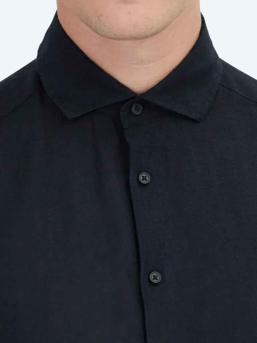 Black Plain Weaving Casual Cotton Blended Shirt - 4