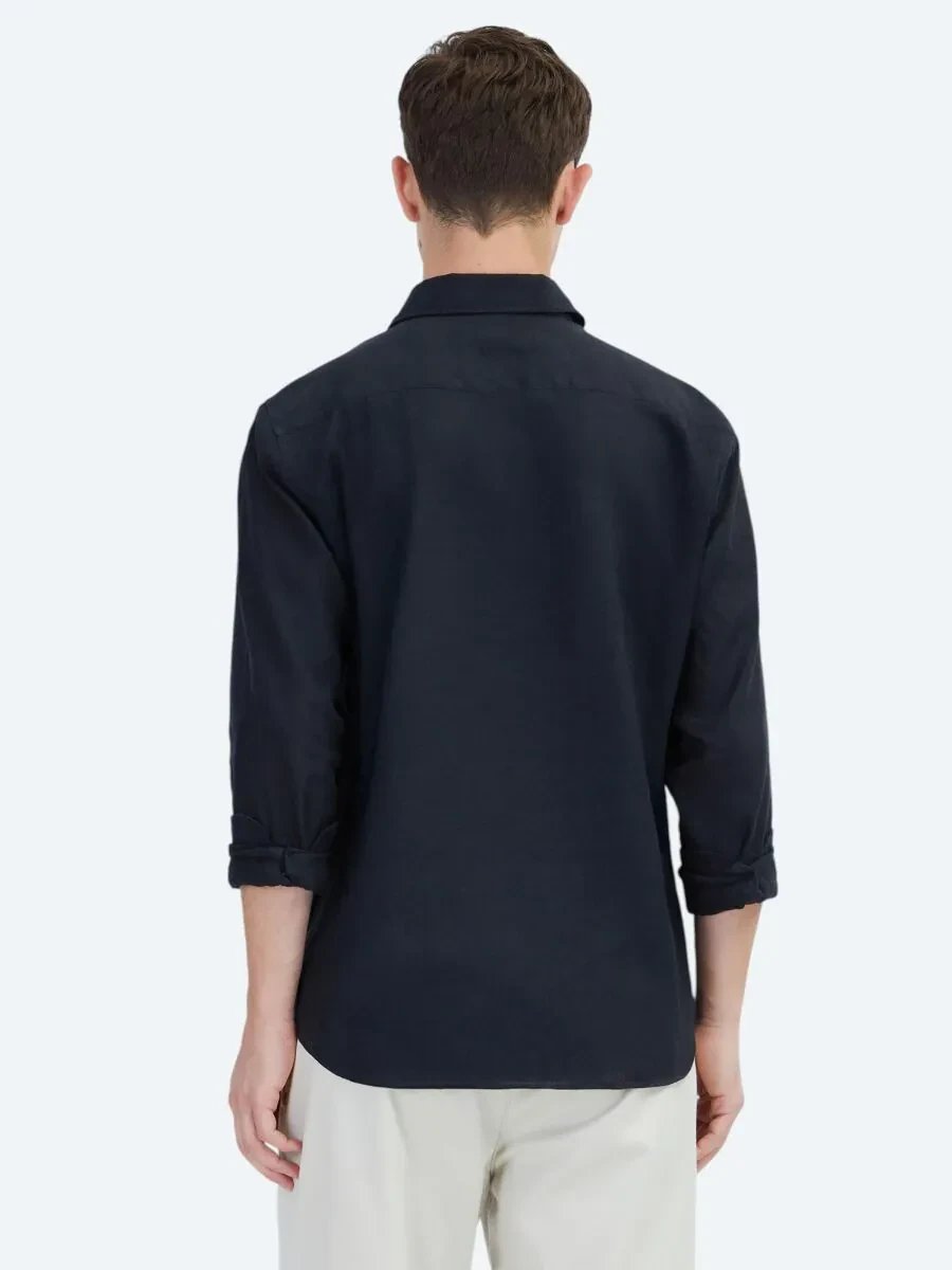 Black Plain Weaving Casual Cotton Blended Shirt - 5