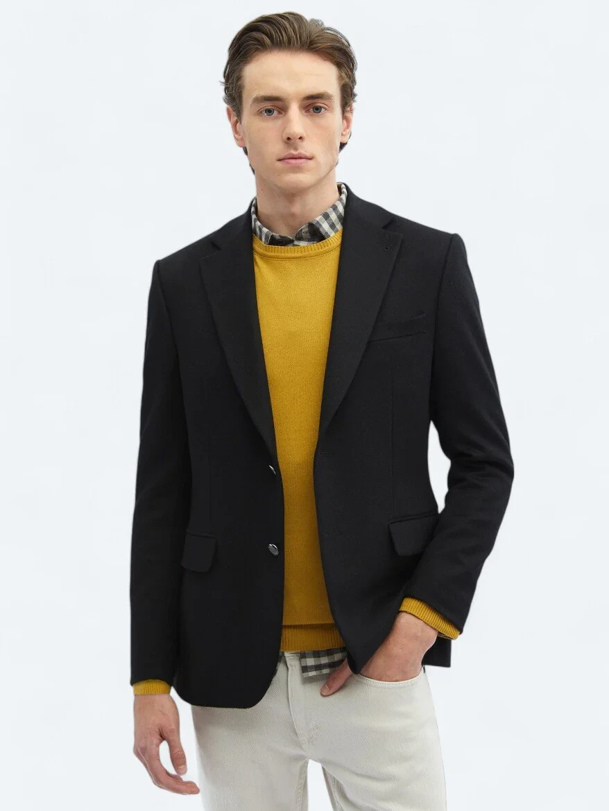 Black Plain Wool Blended Jacket - 1