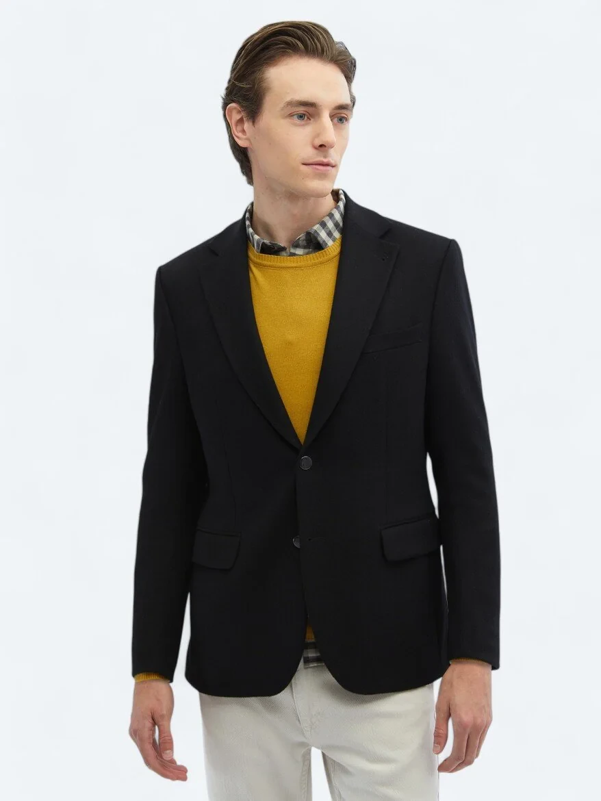 Black Plain Wool Blended Jacket - 3