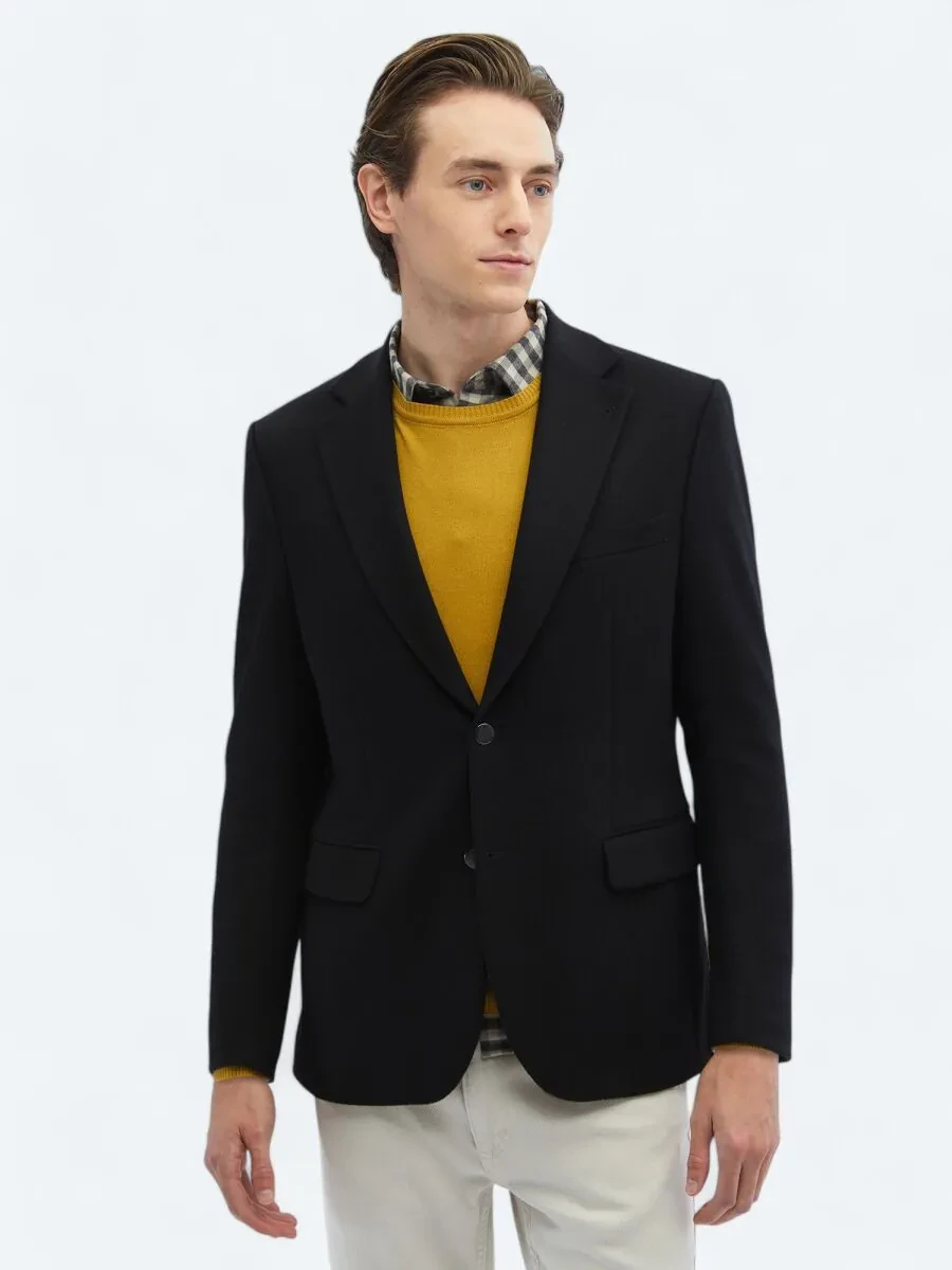 Black Plain Wool Blended Jacket - 3