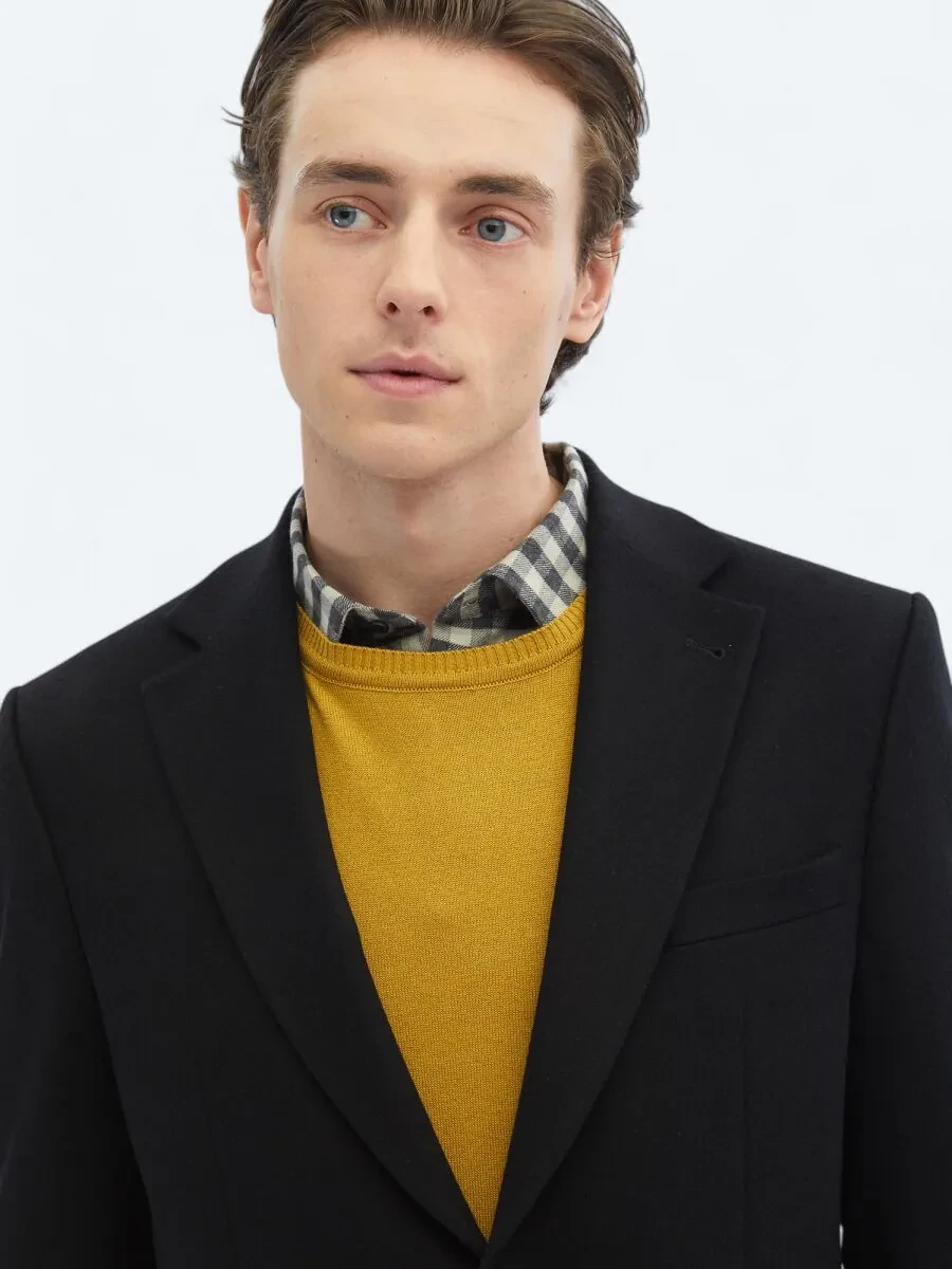 Black Plain Wool Blended Jacket - 4
