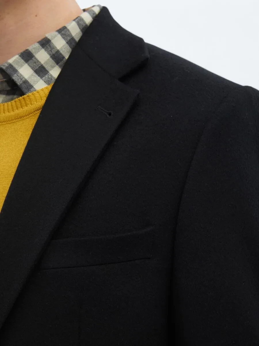 Black Plain Wool Blended Jacket - 5