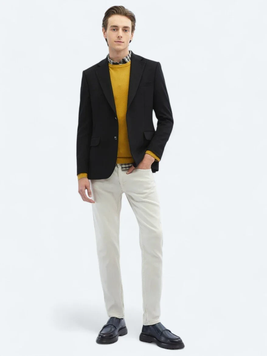 Black Plain Wool Blended Jacket - 1