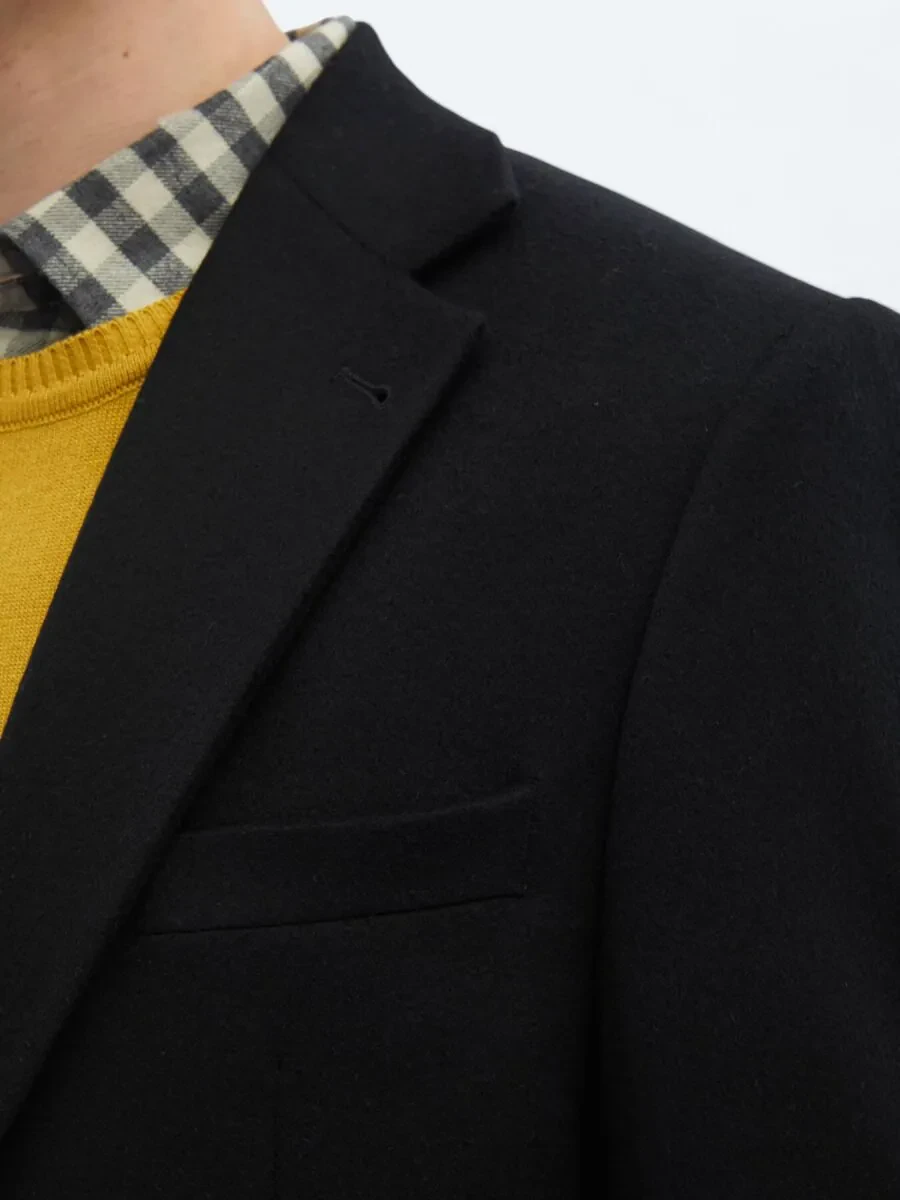 Black Plain Wool Blended Jacket - 5