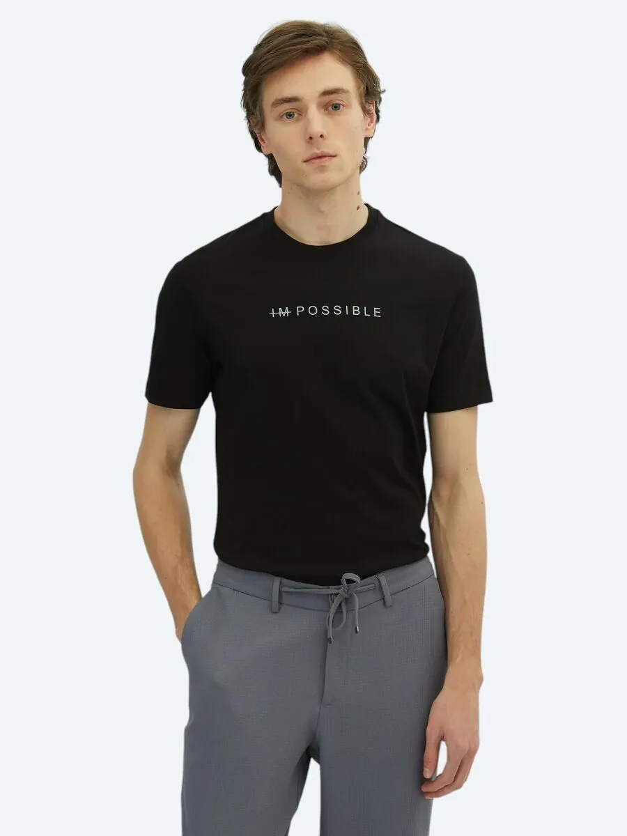 Black Printed Crew Neck 100% Cotton T-Shirt - 1