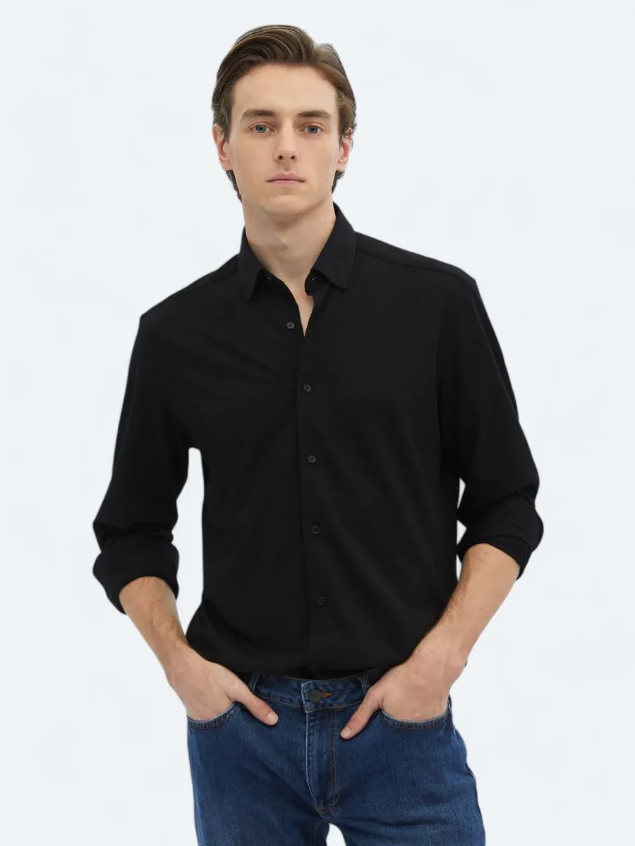 Black Regular Fit Knitting Casual Cotton Blended Shirt - 1