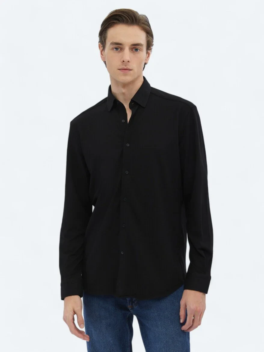 Black Regular Fit Knitting Casual Cotton Blended Shirt - 3