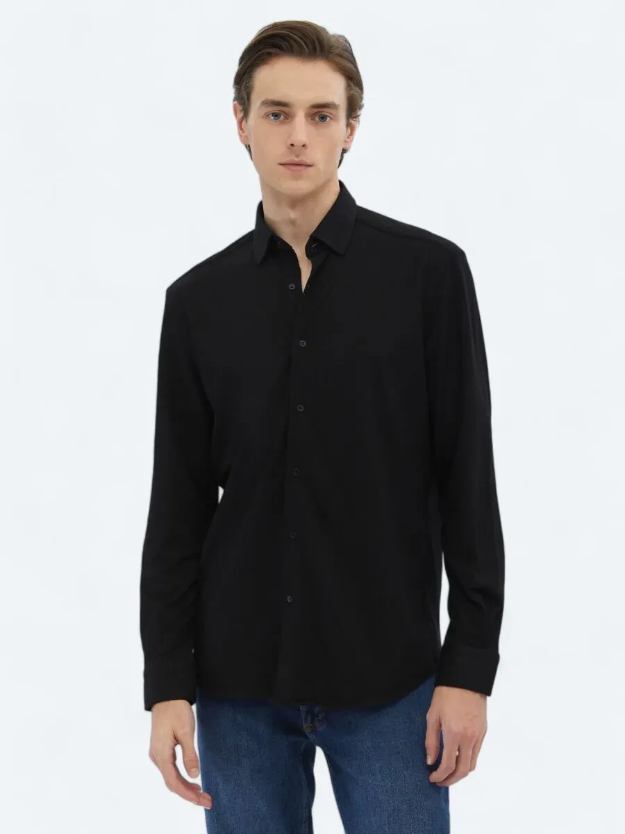 Black Regular Fit Knitting Casual Cotton Blended Shirt - 3