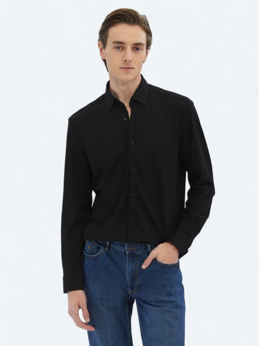 Black Regular Fit Knitting Casual Cotton Blended Shirt 
