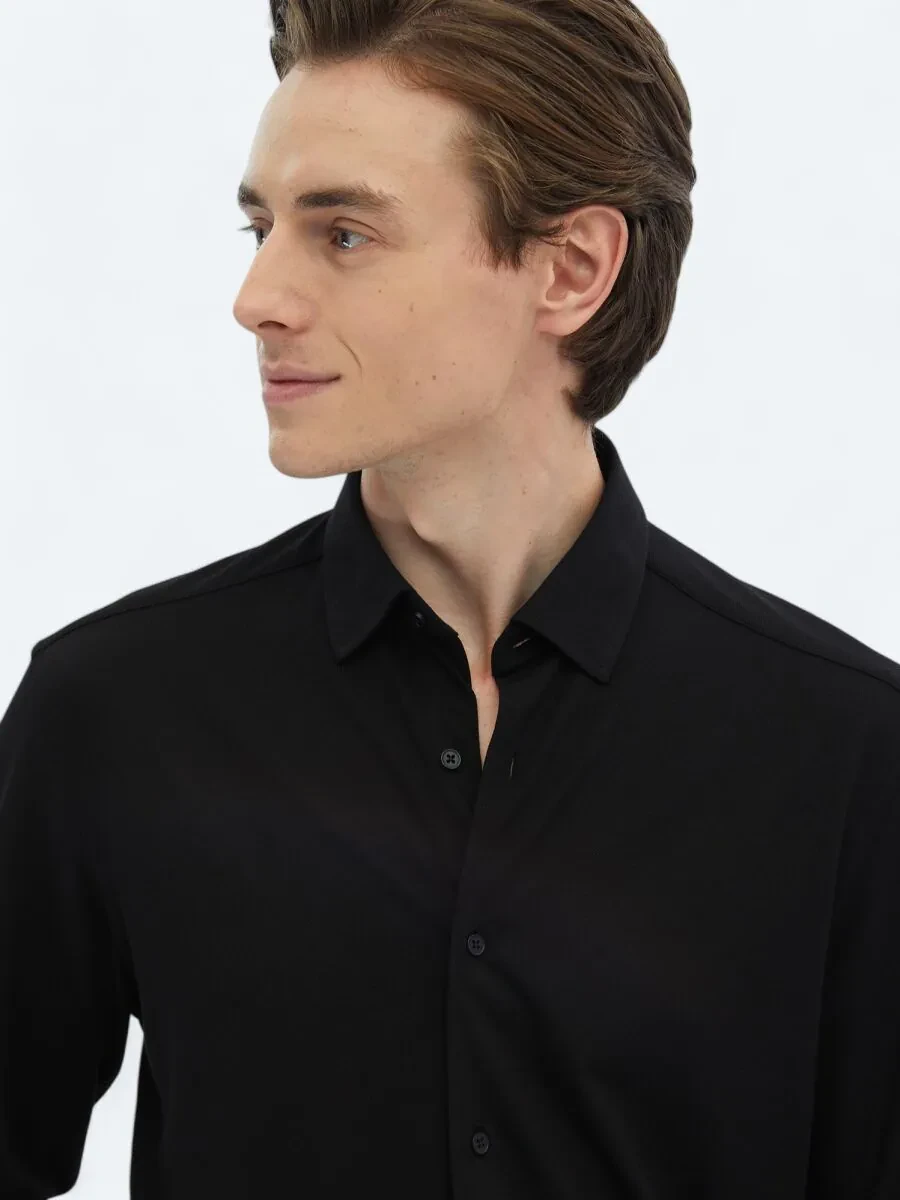 Black Regular Fit Knitting Casual Cotton Blended Shirt - 5