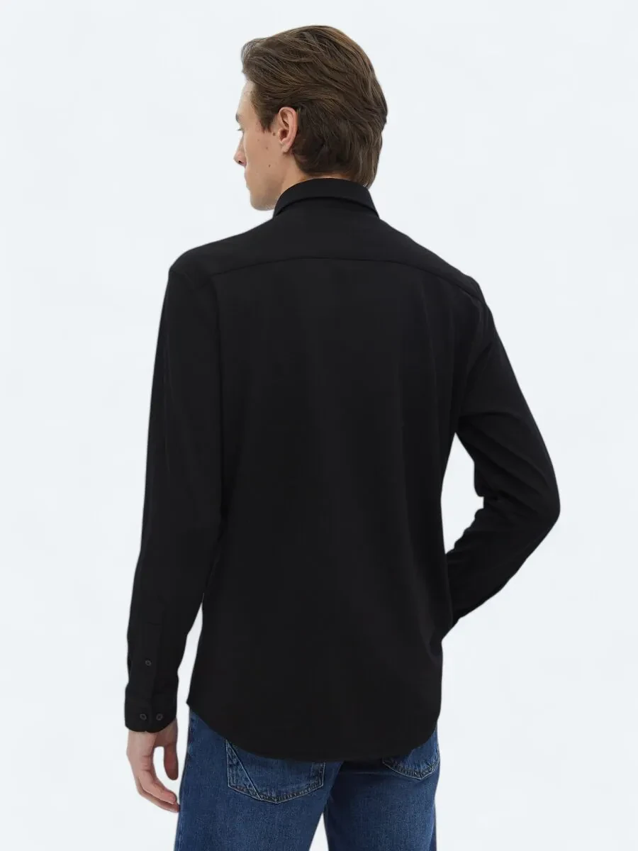 Black Regular Fit Knitting Casual Cotton Blended Shirt - 7