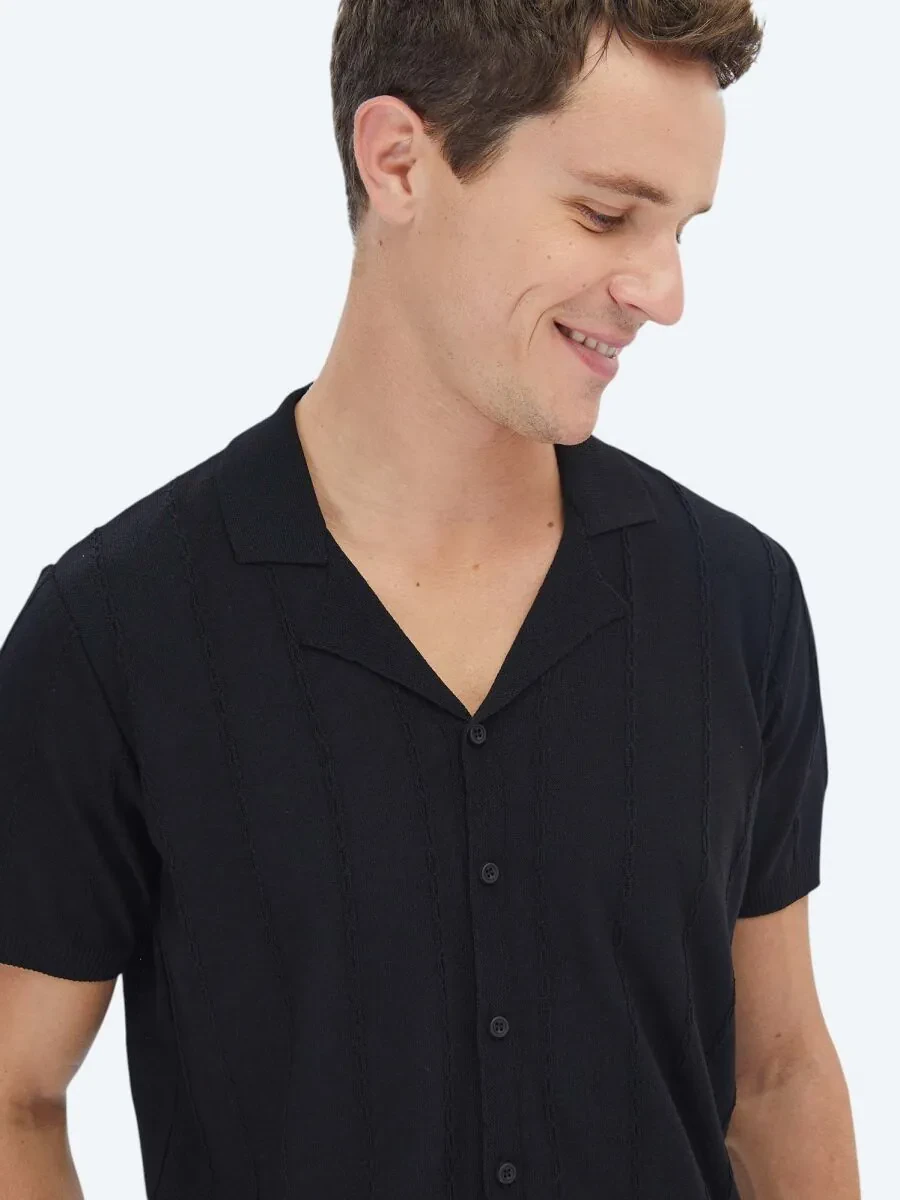 Black Regular Fit Knitting Casual Shirt - 5