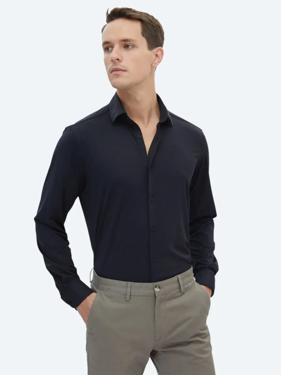 Black Regular Fit Knitting Casual Shirt - 1