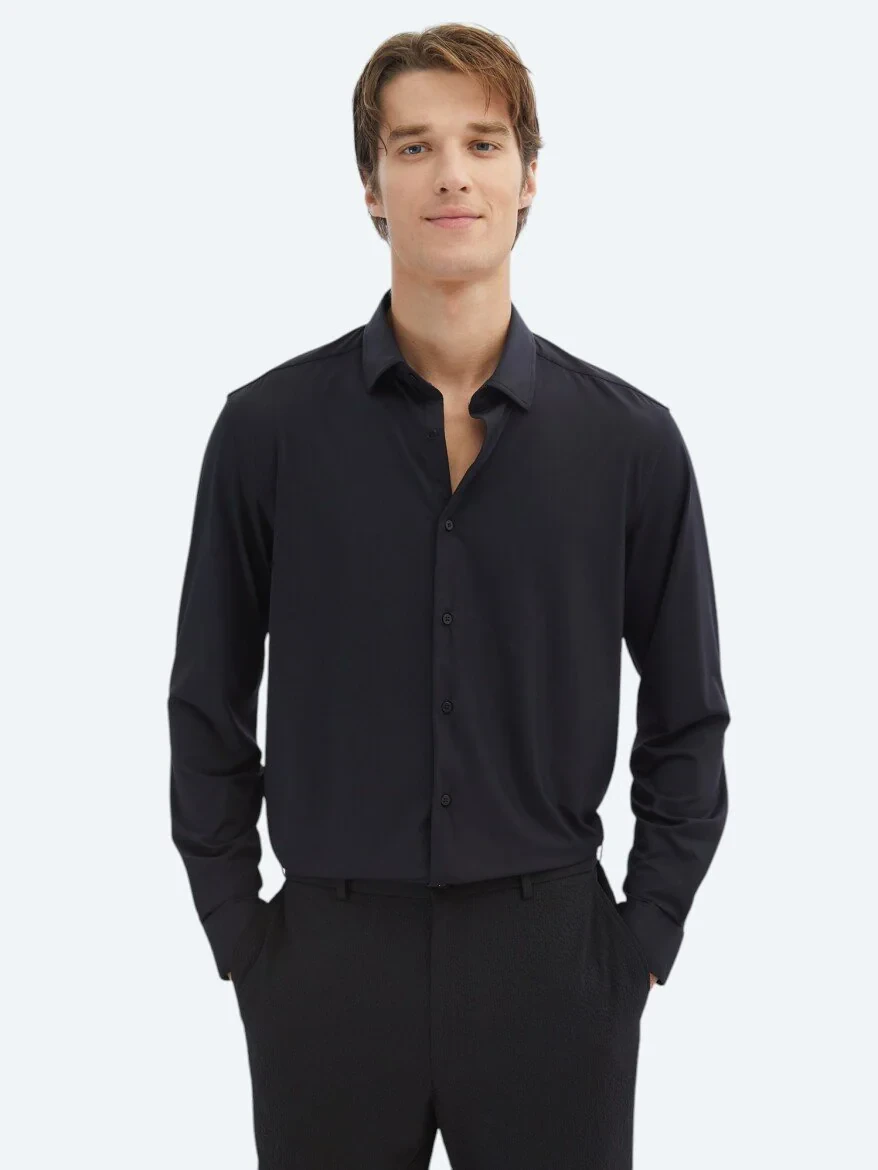 Black Regular Fit Knitting Casual Shirt - 1