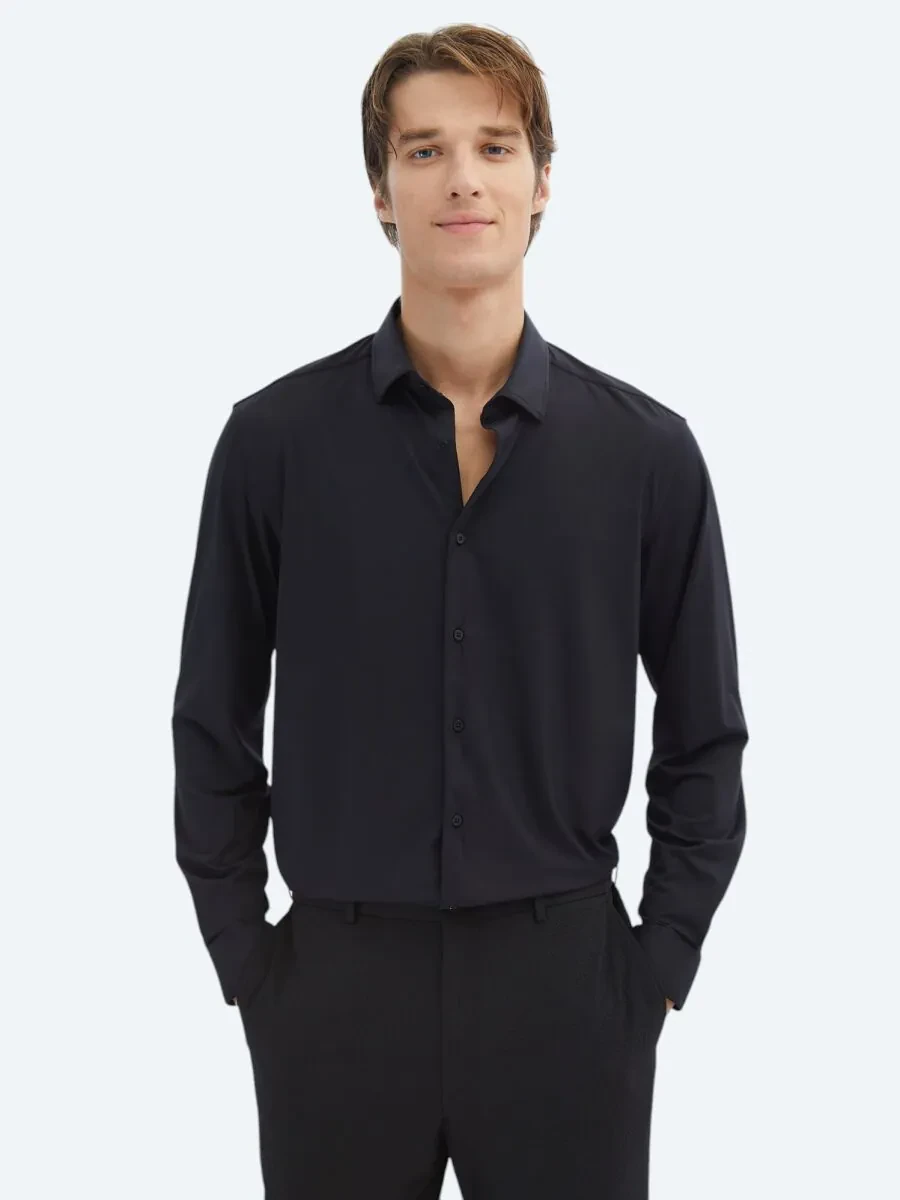 Black Regular Fit Knitting Casual Shirt - 1