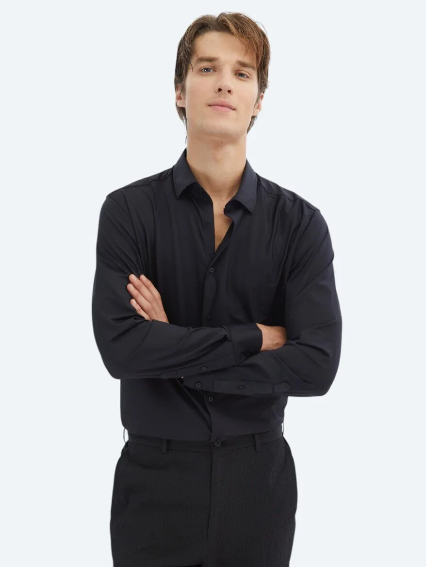 Black Regular Fit Knitting Casual Shirt - 3