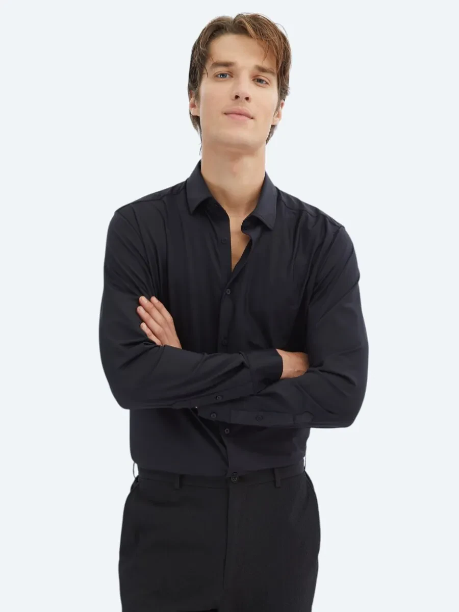 Black Regular Fit Knitting Casual Shirt - 3