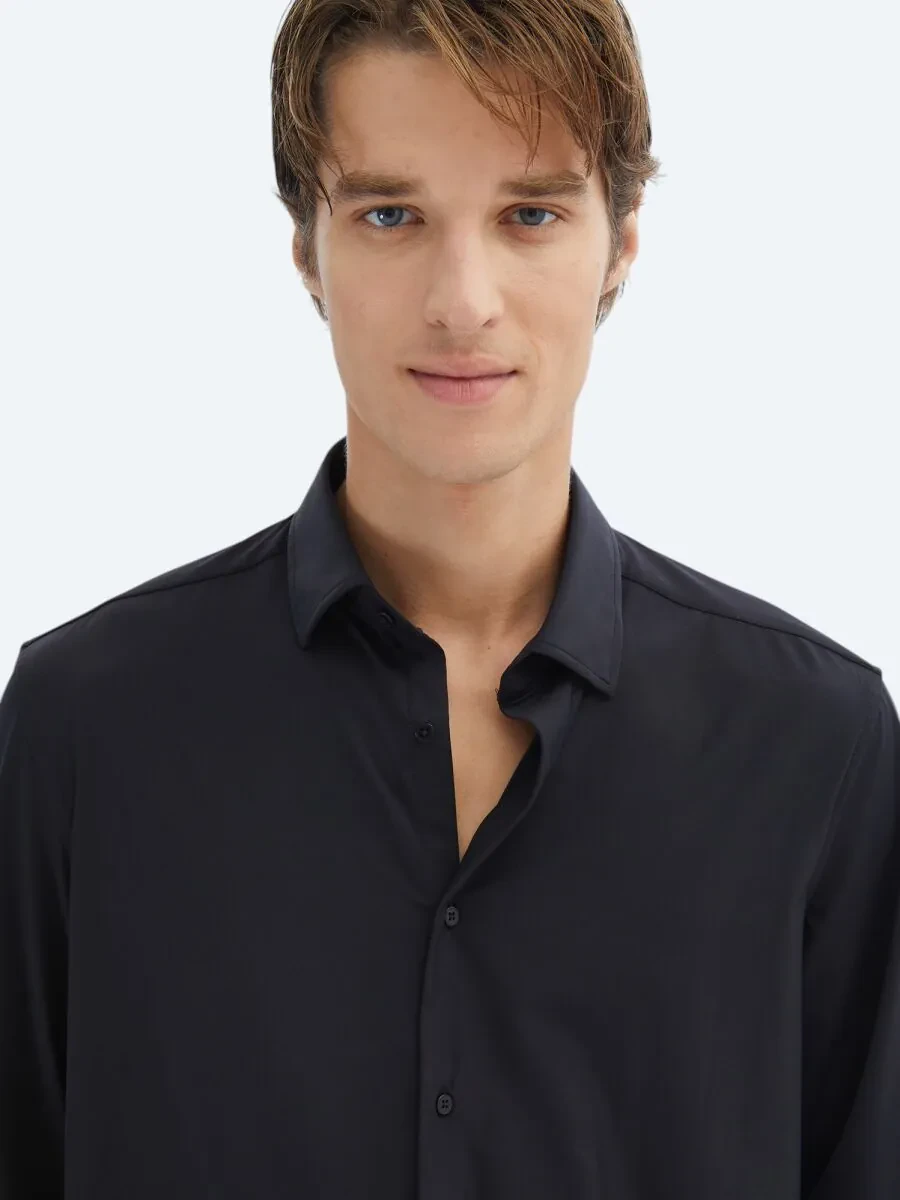 Black Regular Fit Knitting Casual Shirt - 4