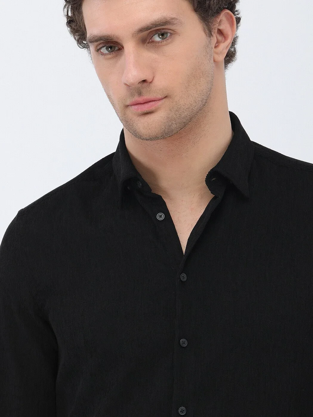 Black Regular Fit Weaving Casual Cotton Blended Shirt - 3