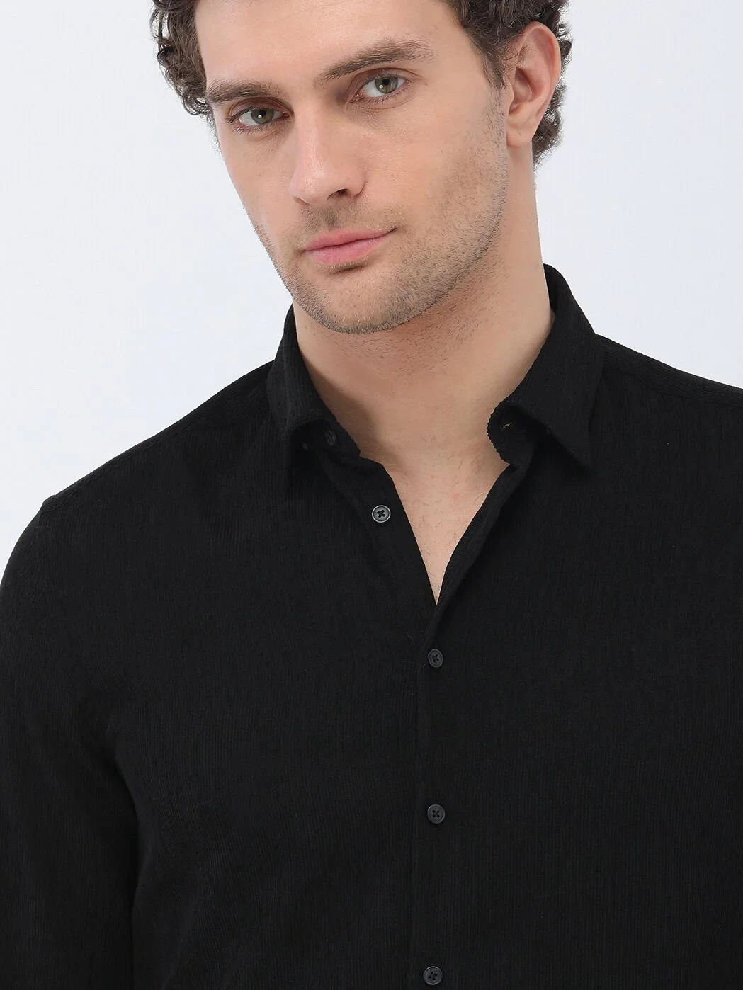 Black Regular Fit Weaving Casual Cotton Blended Shirt - 3